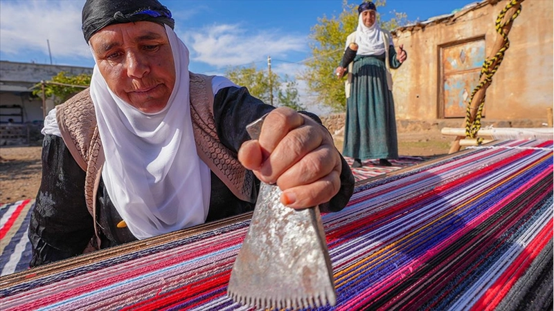 Evinin bahçesindeki tezgahta asırlık yöntemle kilim dokuyor