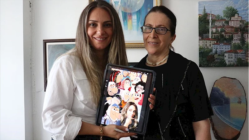 Anne-kız bir tablet bir mikrofonla Karadeniz ağzını dijital illüstrasyona taşıdı